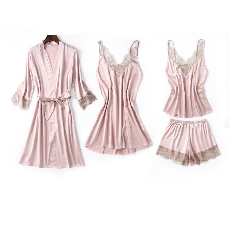4 шт. женские пижамные комплекты из атласной ткани | Женская одежда