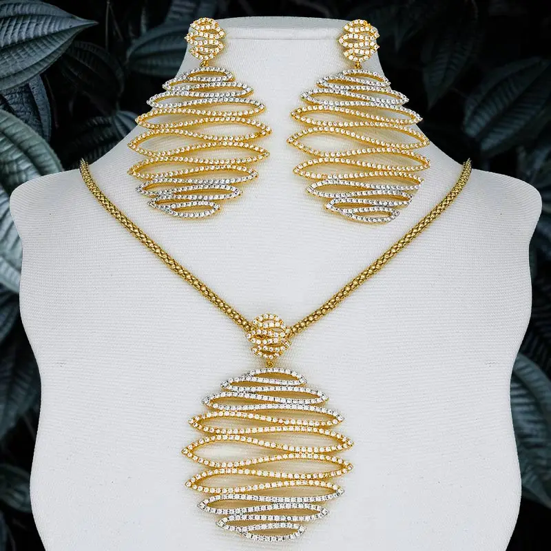 ModemAngel Элегантный волны линии 3 тон медное колье подвеска и серьги комплект Дубай