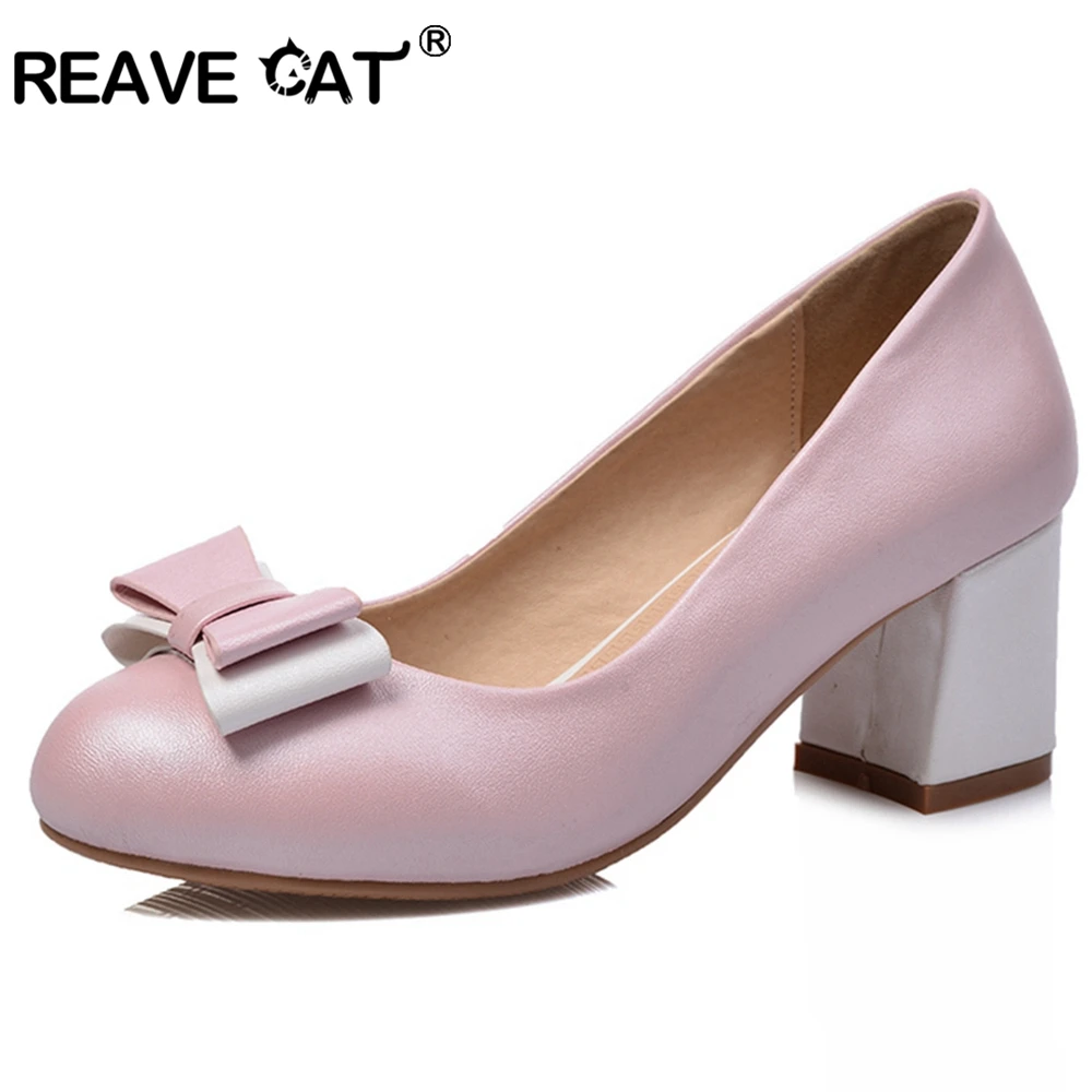 Женские тонкие туфли REAVE CAT белые розовые лодочки на среднем каблуке с круглым