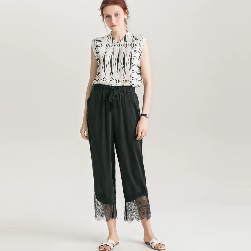 Women Blouse 100% REAL SILK Crepe Print White Shirt Stand Collar Sleeveless Blouses 2019 Summer Office Lady Tank |