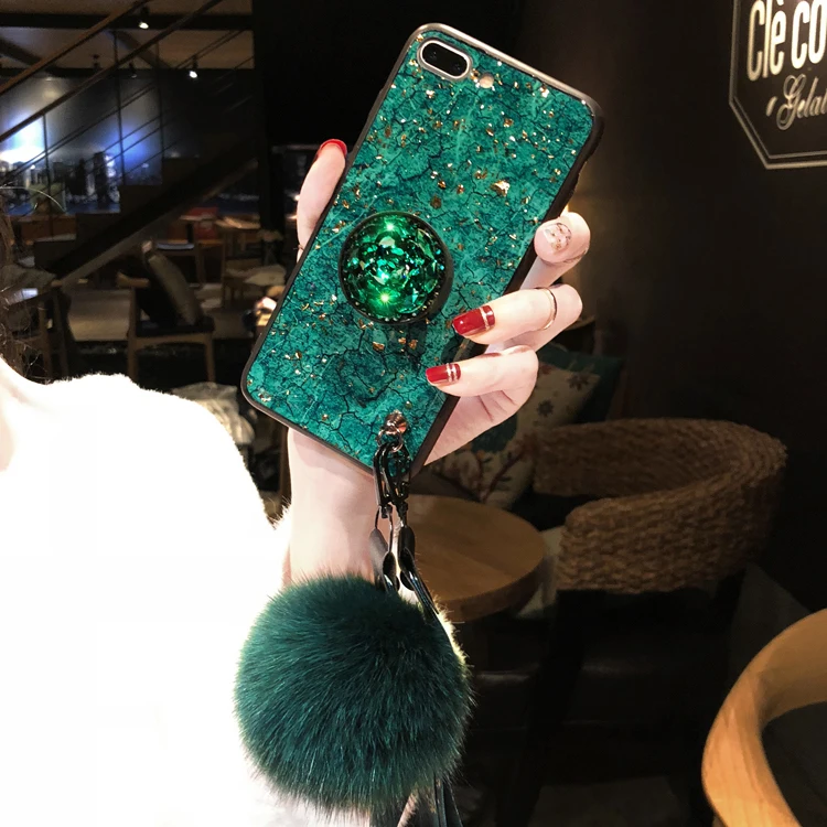 Luxury Diamond Gold foil Marble Glitter silicon case for iPhone 6 6S 7 8 Plus X XR XS Max With stand and Fox hair ball lanyard |