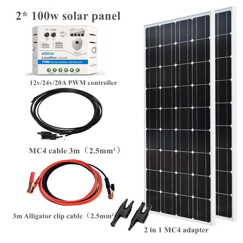 2*100 Вт 200 Вт стеклянная солнечная панель комплект модуль EPsolar 20A Кабель-адаптер контроллера для 12 В 24 в заряда батареи домашняя крыша лодки