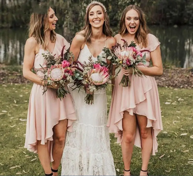 2019 Western Country Summer Garden Beach Bohemian Bridesmaid Dresse A Line Chiffon V Neck Pleats High Low Maid of Honor Wears | Свадьбы и