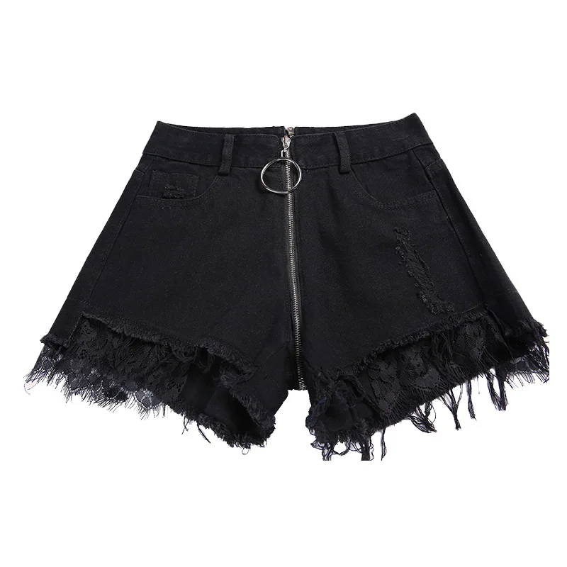 

INDJXND High Waist Black Shorts 2020 Summer New Streetwear Style Ring Zipper Denim Shorts Women's Burr Lace Sexy Hot Shorts