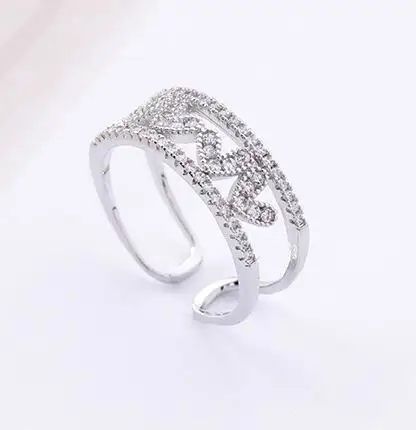 Micro Pave Zircon Love Heart Ring Double Layers Korean Style Fashion Jewelry Adjustable Rings For Women Bijoux Delicate | Украшения и