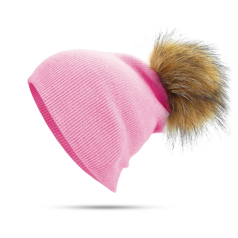 Pink Новые женские шапки бини из искусственного меха с помпонами, модные вязаные шапки для девочек и женщин, шапка с помпоном, зимняя женская шапка Skullies Bones - Цвет: Pink