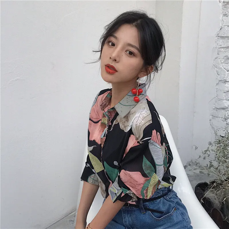 Шифоновая однобортная рубашка с принтом Alien Kitty винтажная элегантная