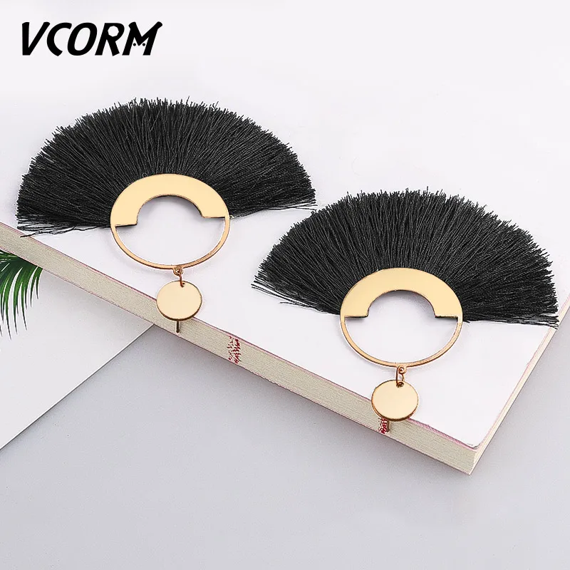 Black 3 VCORM, богемные серьги с кисточками, большие висячие серьги для женщин, модные ювелирные изделия, серьги, красный, черный, хлопок, шелк, ткань, бахрома, серьги, подарок - Окраска металла: Black 3