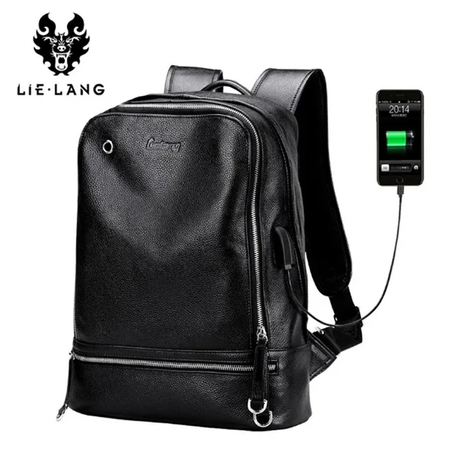 black ring Мужской рюкзак из натуральной кожи для ноутбука, usb зарядное устройство, черный рюкзак высокого качества, водонепроницаемый мужской кожаный рюкзак - Цвет: black ring
