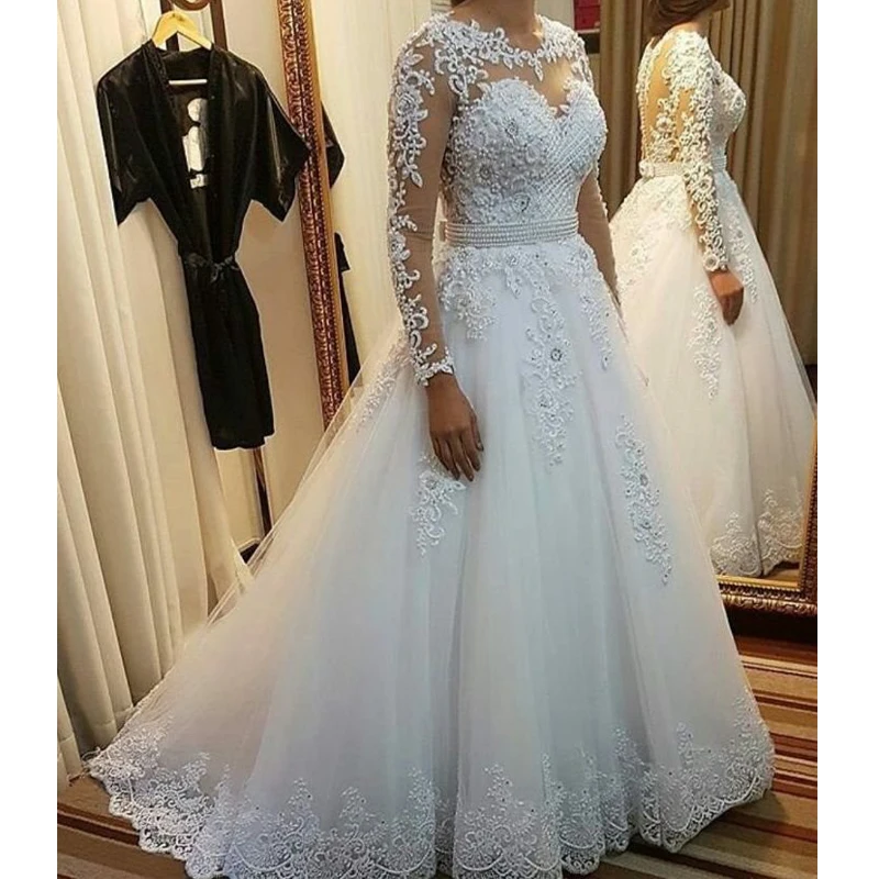 Lakeydra White A-Line Wedding Dresses Tulle vestidos de noiva Boat Neck Bead with Applique Long Sleeve Plus Size Bridal Gowns | Свадьбы и