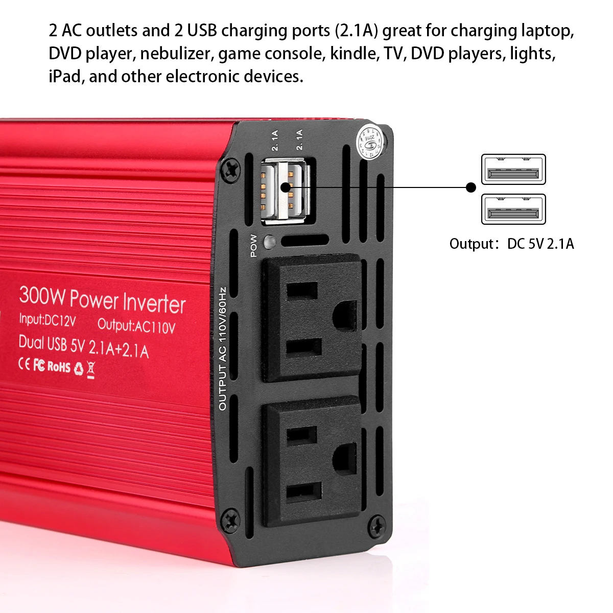 12 В постоянного тока в переменный ток 110V Авто Мощность, инвертор с чистым синусом и конвертер адаптер 300 Вт зарядных порта USB для автомобиля Зарядное устройство 600 Вт пиковый Мощность штепсельная вилка стандарта США