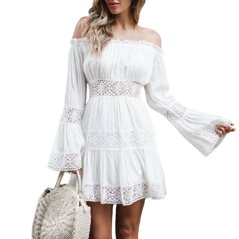 Белые кружевные женские мини платья с открытыми плечами открытые высокой талией