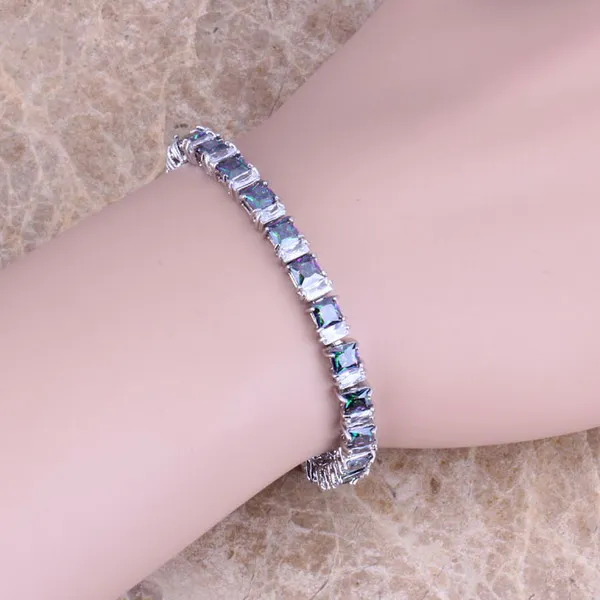 Браслет цепочка с серебристым покрытием 7 дюймов Радужный мистический и белый CZ