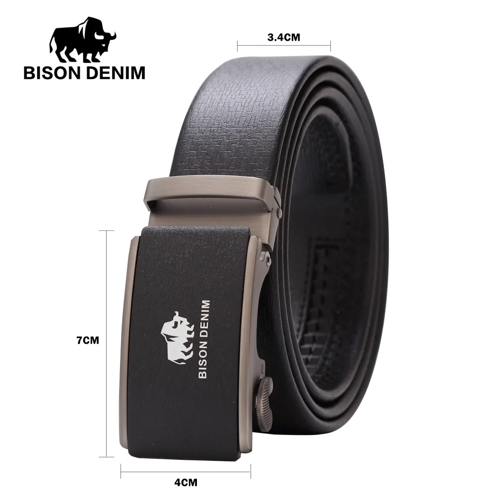 Мужской ремень BISON DENIM черный из натуральной кожи с автоматической пряжкой