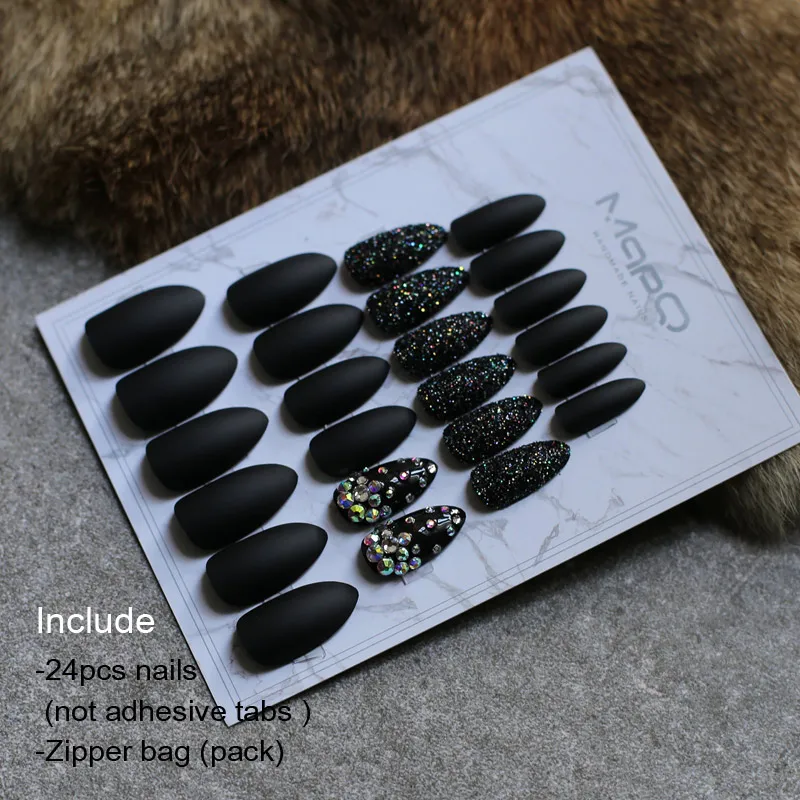 Black24pcs nails Стилеты матовый бордовый блеск Ложные кристаллы для ногтей полный набор поддельные ногти художественной формы бриллианты расправляются красные накладные ногти - Цвет: Black24pcs nails