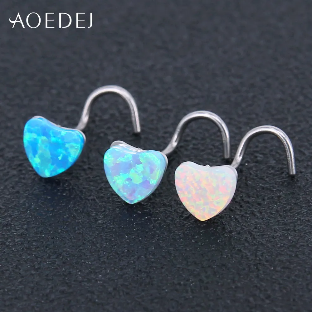 AOEDEJ 3 цвета сердце нос шпилька для пирсинга, из нержавеющей стали синий природный камень опал кольца и штанги в нос украшение для пирсинга носа