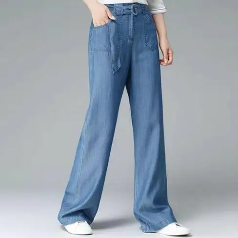 Женские джинсовые брюки с широкими штанинами на шнуровке винтажный пояс DF200 лето