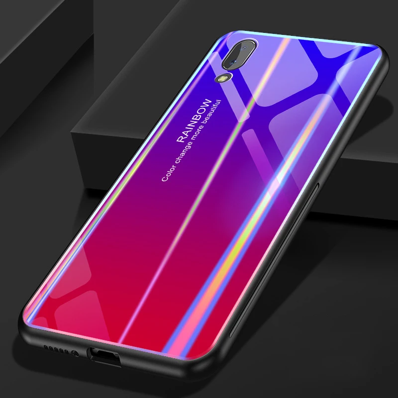 Gradient Rainbow Glitter Phone Case For VIVO X23 X20 Plus Aurora TPU + Explosion-proof Glass Back Cover VIVOX9 |