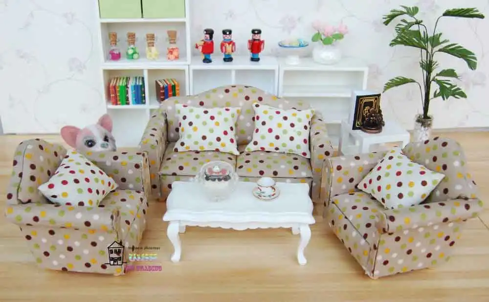 sofa 5,2" Кукольный домик Миниатюрный 1:12 мебель для гостиной куклы диван набор 4 дивана с маленькими разноцветными точками стиль - Цвет: sofa
