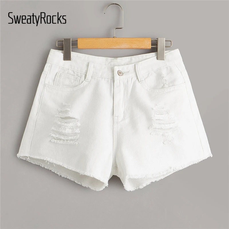 SweatyRocks, рваные потертые джинсовые шорты, уличная одежда, повседневные шорты с широкими штанинами,, Летние Женские однотонные шорты на пуговицах