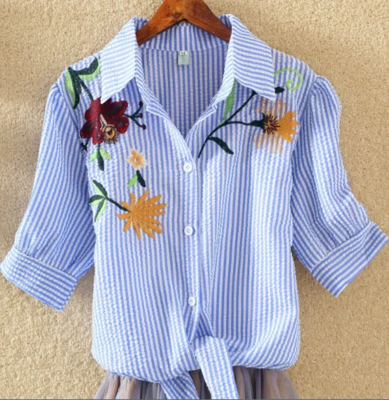 Blue B Вышивка в полоску с цветами Blusas Сексуальная женская блузка рубашка на шнуровке летние топы рубашки с отложным воротником дешевая одежда - Цвет: Blue B