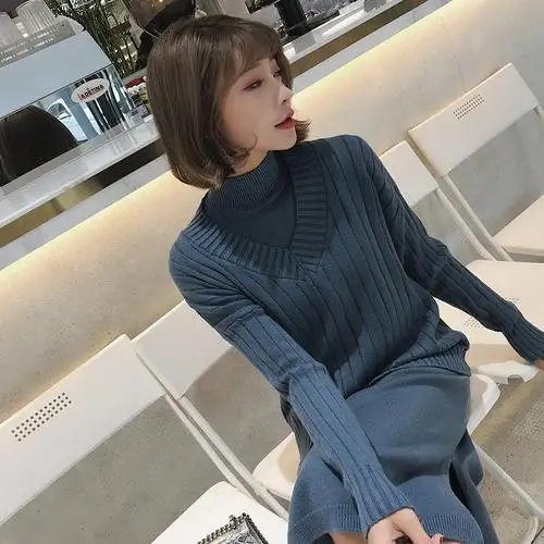 Осень/Зима 2019 Новинка трикотажное платье без рукавов с воротником средней длины +