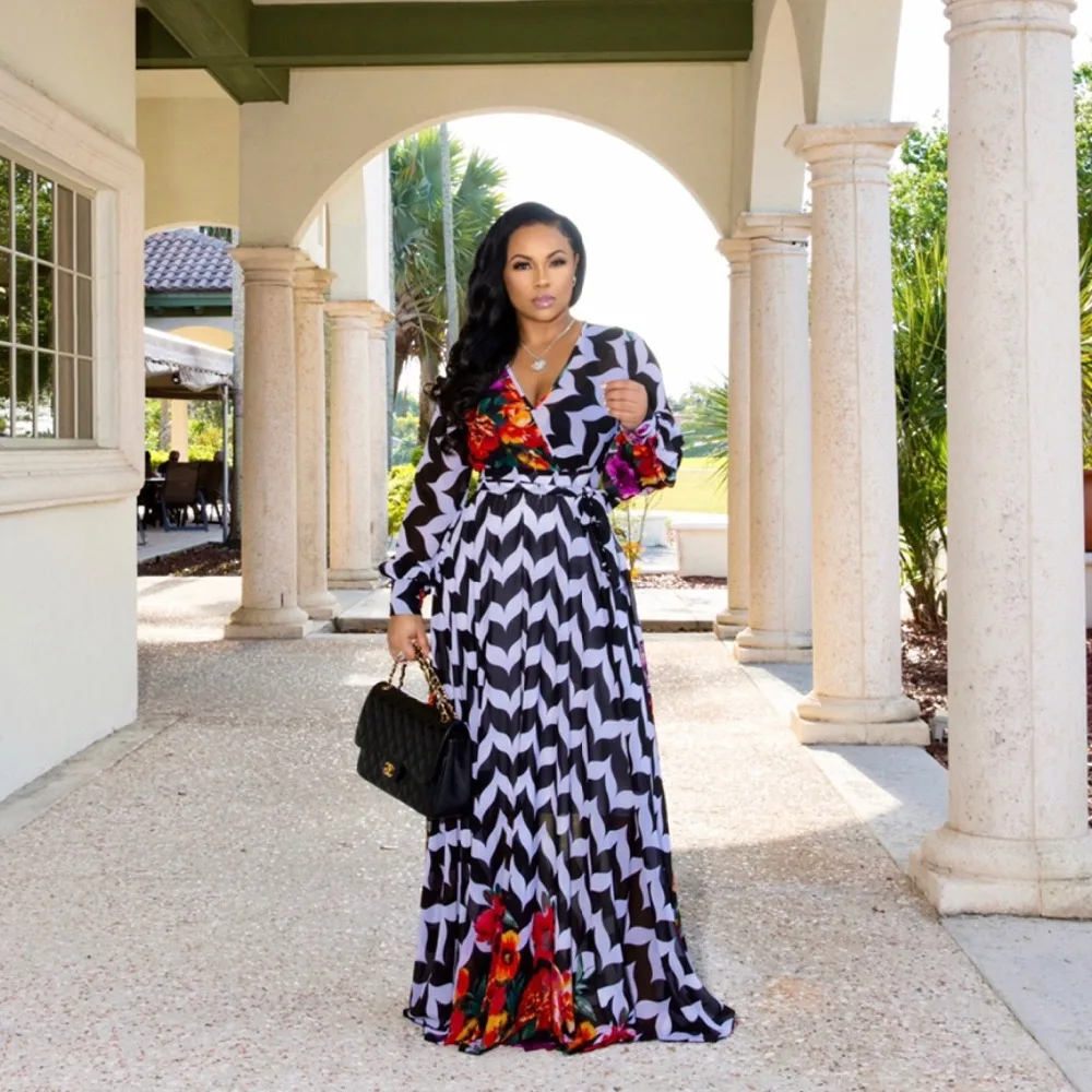 S ~ XXL новый стиль африканская женская одежда Дашики Модное шифоновое платье с v