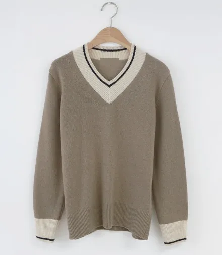 Beige top Зимние пуловеры, свитера,, женская мода, длинный рукав, на каждый день, v-образный вырез, вязаный Топ, синий, коричневый, милый свитер в консервативном стиле - Цвет: Beige top