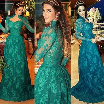 Элегантный Высокий Воротник Blue Lace-Line Пром Платье Vintage Бирюзовый Кружева С Длинным Рукавом Пояса Вечерние Платья vestido де феста - Цвет: picture color