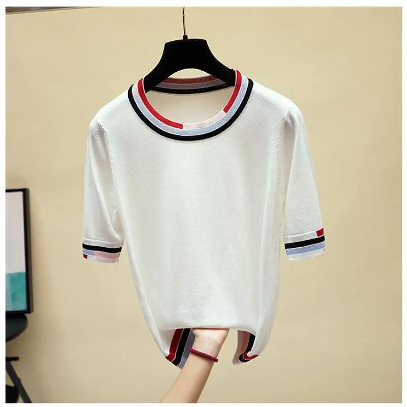 Women Summer Sweaters Thin Female Pullovers 2019 Knitting Shirts Pink Black White Tees O-neck Short Sleeve Pull Femme Tops | Женская