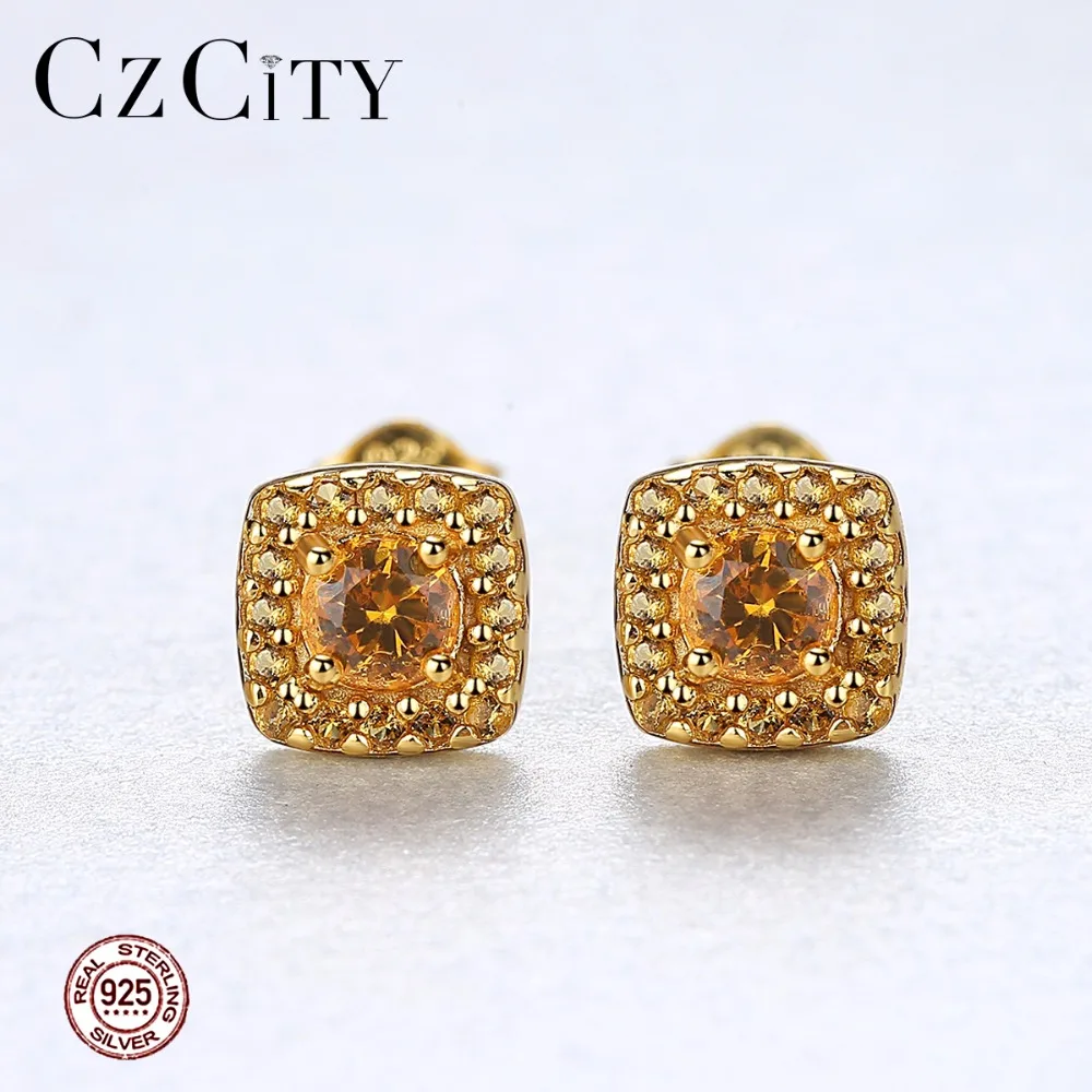 CZCITY 925 Настоящее серебро цитрин серьги со шпилькой для женщин желтого цвета с