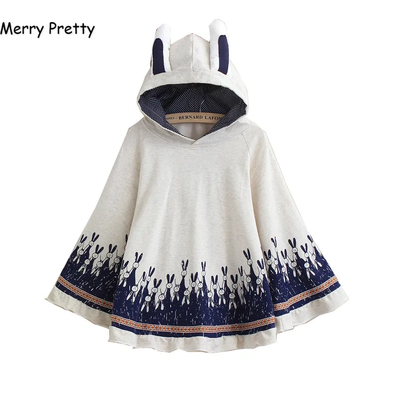 Merry Pretty, плащ, верхняя одежда для женщин, осенний, с принтом кролика, с ушками, стерео, толстовки, пальто, хлопковый пуловер, пончо, куртка, плащ, пальто с капюшоном