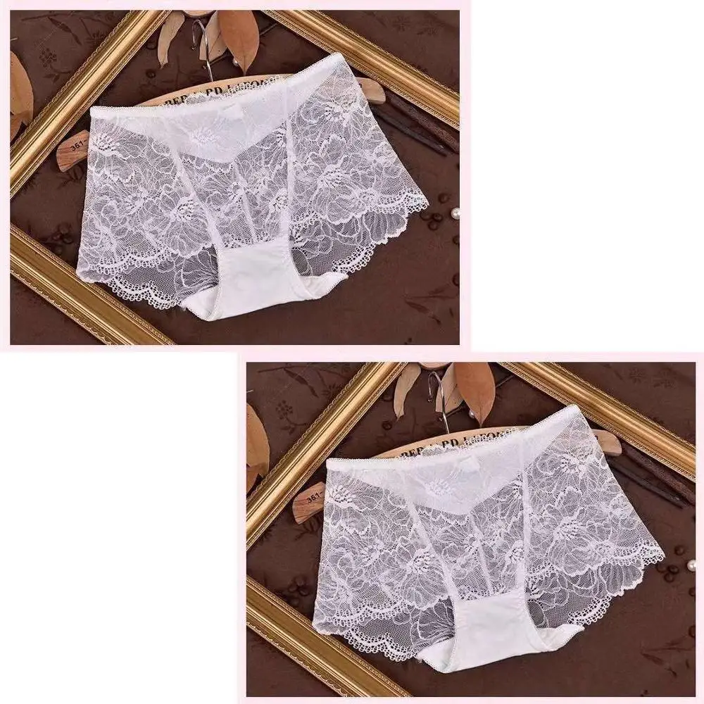 2 pieces-White 2 шт./партия,, высокое качество, женские сексуальные кружевные прозрачные трусики, средняя талия, много цветов, плюс трусики большого размера, женские трусы - Цвет: 2 pieces-White