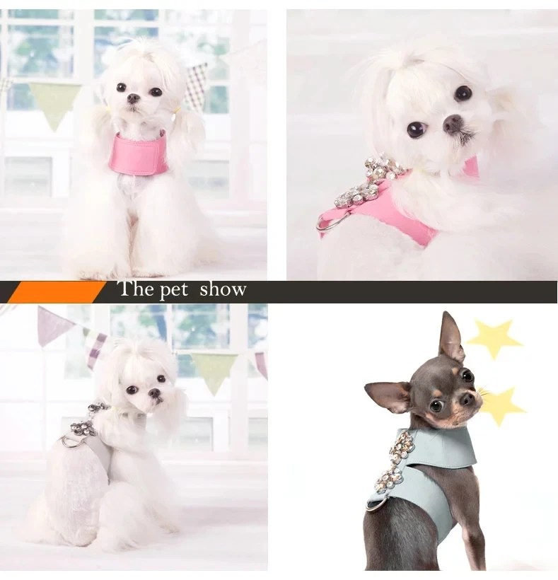Розовый Принцесса Милая собачья упряжь Bling Стразы комфорт шаг Pet ремни с поводком набор мелких средних пород животных кошек