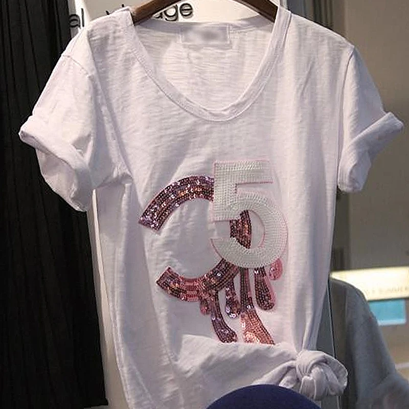 

White Short Sleeve Female Tshirts 2019 New Summer Large Size V Neck Pullovers Top Sequins Letter Casual Students T-shirt S-4xl