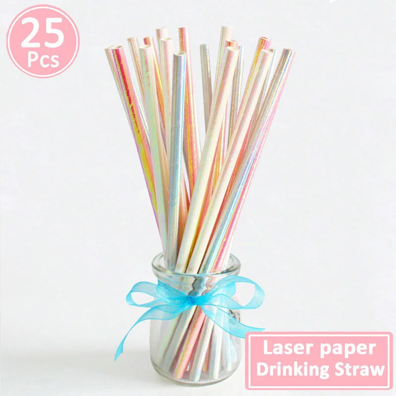 silver pink laser 25pcs Paper Drinking Straws Graduation Party Decoration Just Married Babyshower Boy Girl 21st 30th 40th 50th 60th Birthday - Цвет: silver pink laser