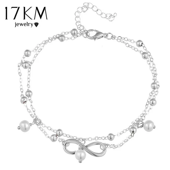 BJCS051silver Новинка, 17 км, двойной бесконечный бисер, подвеска, ножной браслет, цепочка для женщин, летний браслет, шарм, 2 цвета, ножные браслеты, ювелирное изделие, подарок - Окраска металла: BJCS051silver