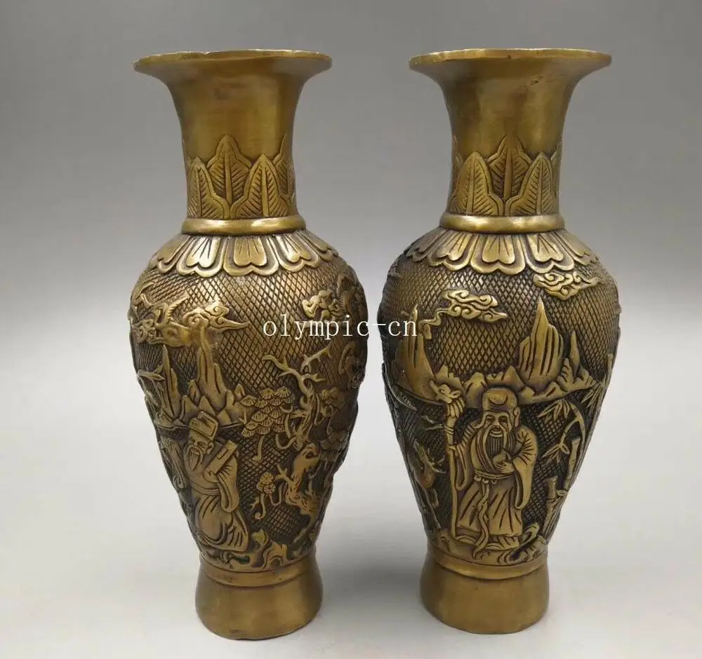 

Pair 8'' brass copper carved three lucky man fulushou design vase jar pot vase