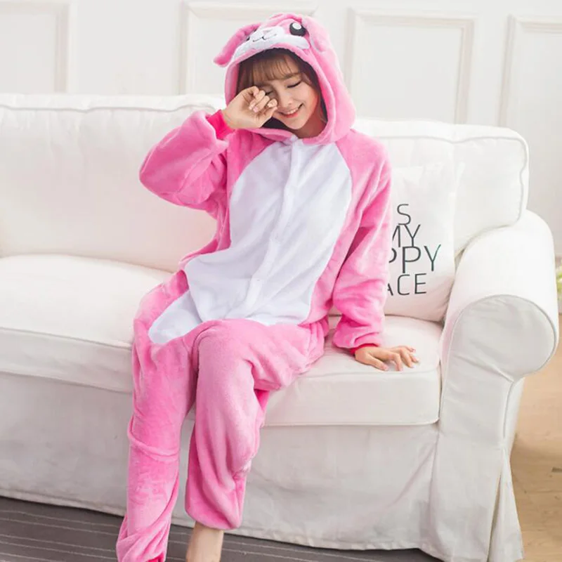 Adult Anime Kigurumi Onesies Rose Rabbit Costume Women Cute Cartoon Animal Bunny Pajamas Onepieces Sleepwear Home Cloths Girl