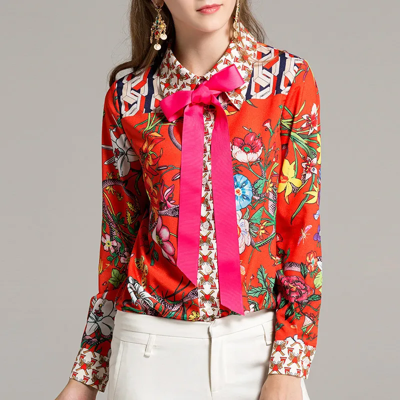 Oln 2018 Женская рубашка блузка с принтом Роскошные длинными рукавами свободные