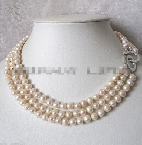 

Free shipping >>@ > 17-19" 6-8mm 3Row White Freshwater Pearl Necklace Natural Color
