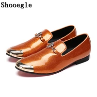 shooegle fashion design bright face buckle and metal toe men patent leather shoes men casual flats party wedding loafers man