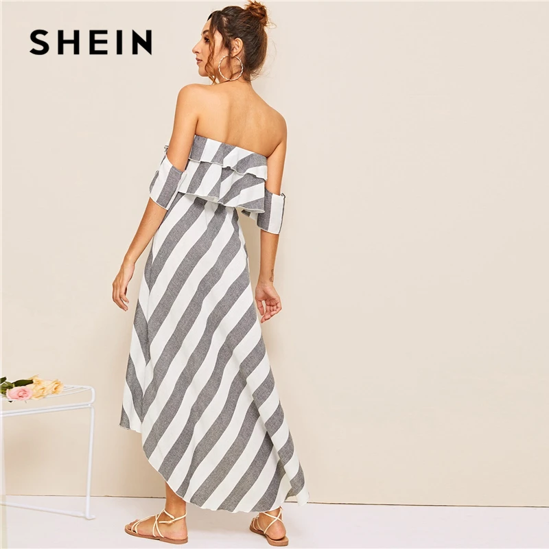 SHEIN, многоцветное длинное платье в полоску с оборкой и тюльпаном, с открытыми плечами, для женщин,, летнее, с высокой талией, Boho wrap Belted, платья