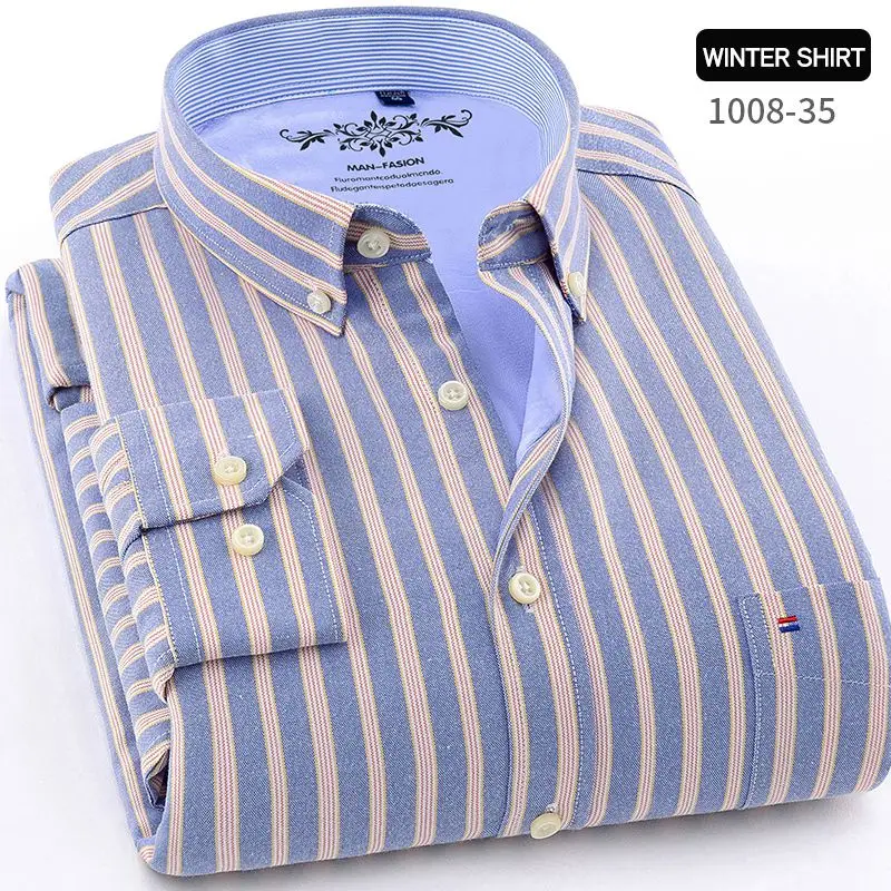 Winter mens work shirts striped solid color Long sleeve social men dress shirt oxford male shirts Plus size 4XL White color - Цвет: BN1008-35
