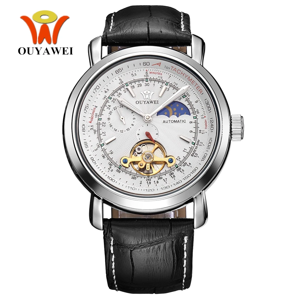 Мужские механические наручные часы OUYAWEI серебристый чехол с полностью стальным