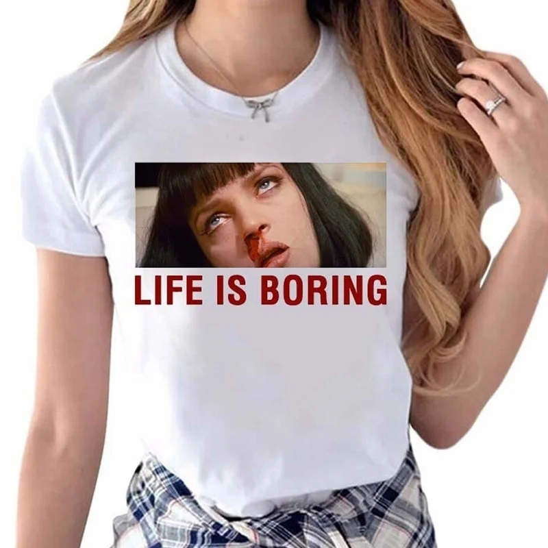 

Fashionshow-JF Summer T Shirt Women Life Is Boring Printing Harajuku T-shirts Short Sleeves Tshirt Tops Female Tee White Shirts