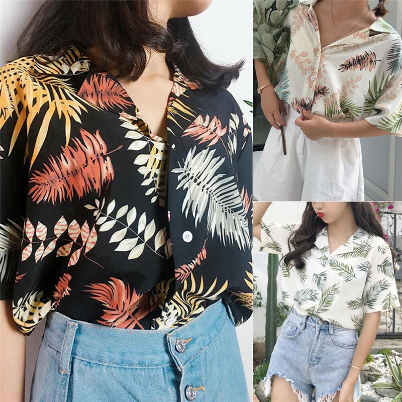 Женская Гавайская блузка Повседневная Свободная шифоновая с принтом листьев