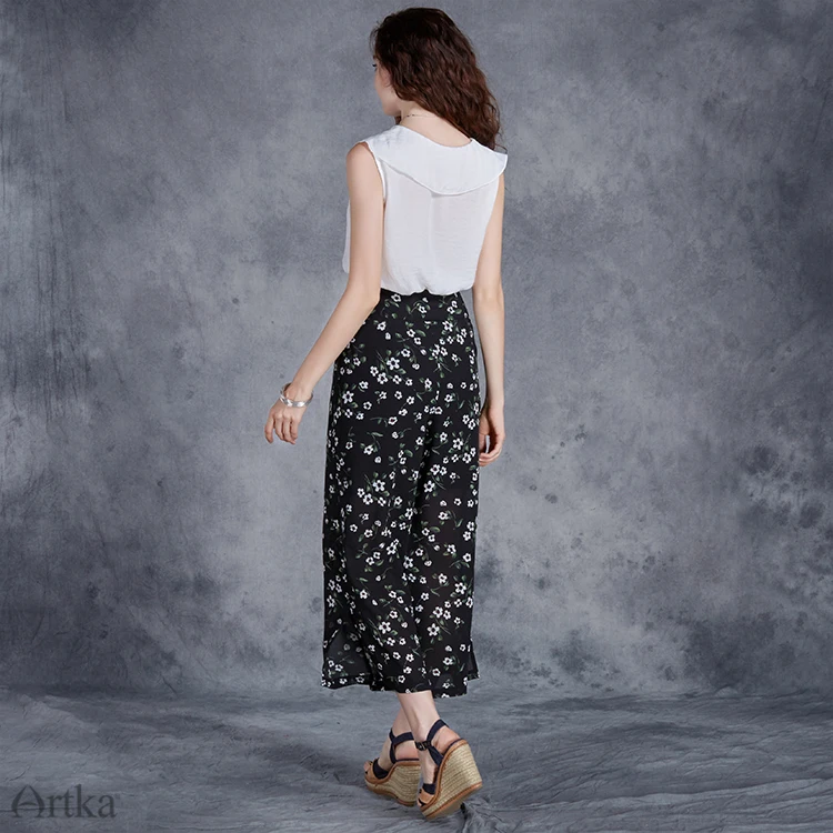 ARTKA Цветочные Широкие брюки женские шифон, высокая талия Drawstring повседневные телячья длина брюки с боковыми разрезами женские брюки KA10775X