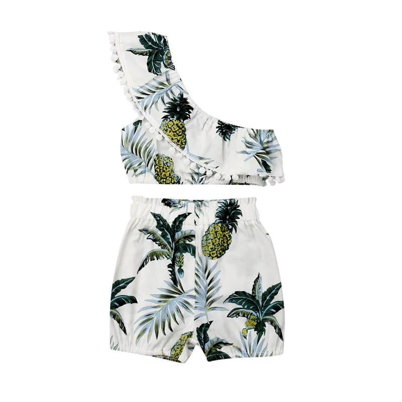 Модная детская одежда короткий топ без рукавов с оборками на одно плечо шорты