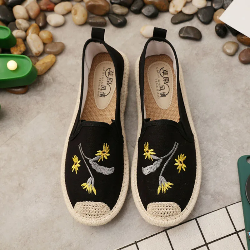 summer women's flat shoes breathable graffiti canvas linen women espadrilles non-slip casual white sneakers ballet flats - Цвет: Black Flowers